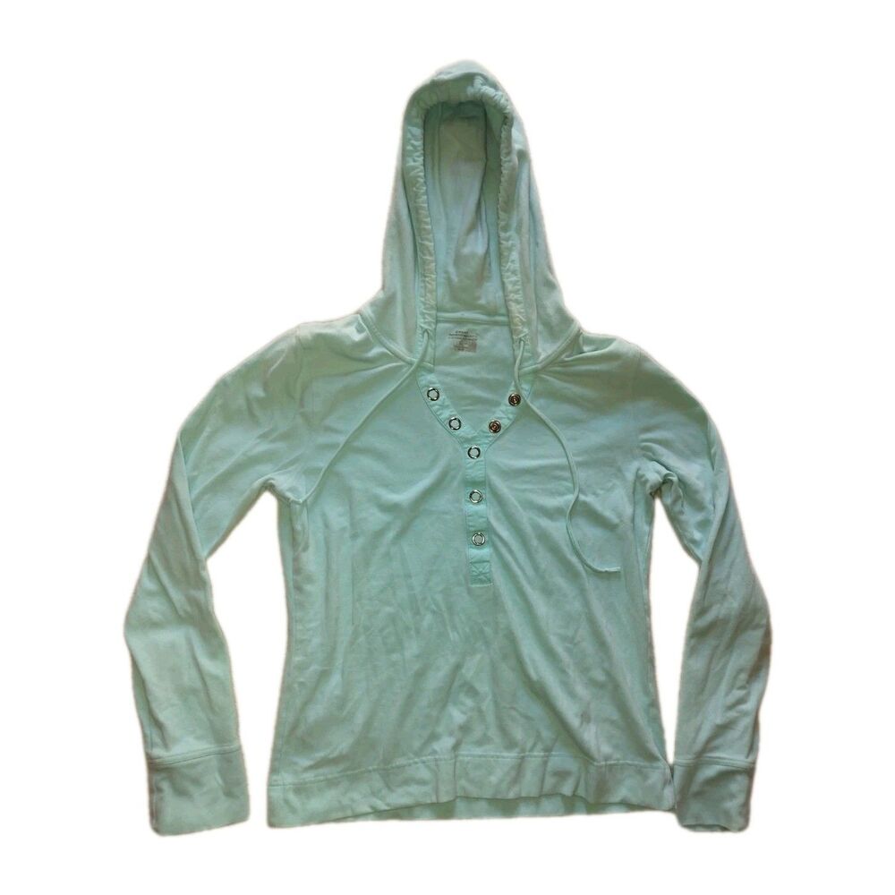 Great Northwest Women's Size Large  Button Up Long Sleeve Shirt Hooded Baby Blue